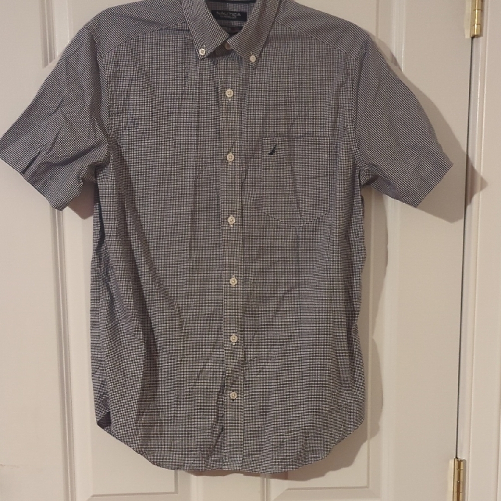 Nautica Men's Navy and White Checkered Shirt
